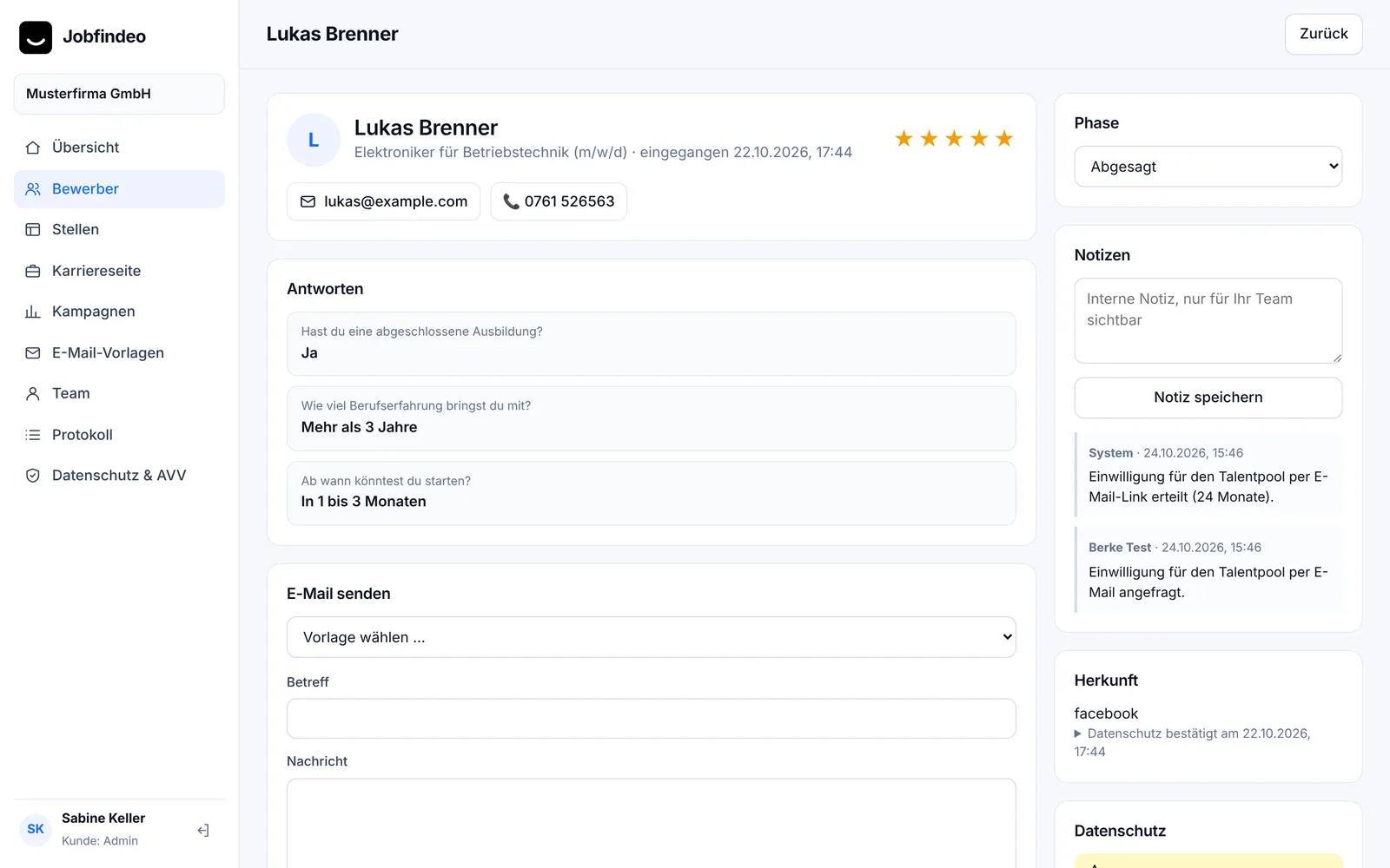 Bewerberprofil mit Löschdatum